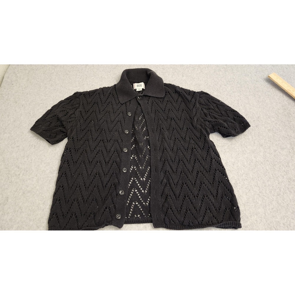 BDG Sweater Womens Small Black Pointelle Open Knit Short Sleeve Cardigan Chevron